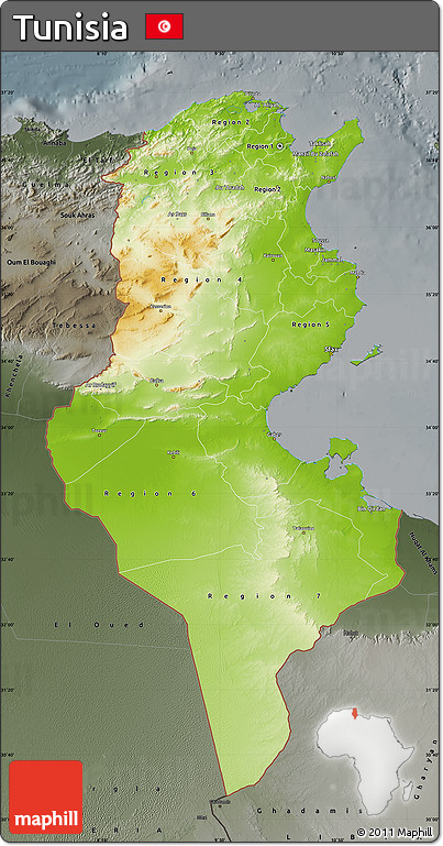 Physical Map of Tunisia, darken, semi-desaturated