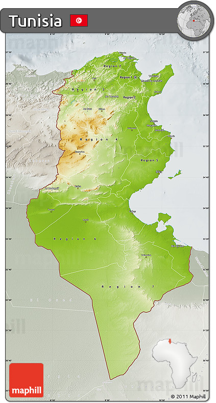 Physical Map of Tunisia, lighten, semi-desaturated