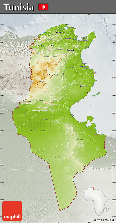 Physical Map of Tunisia, lighten, semi-desaturated