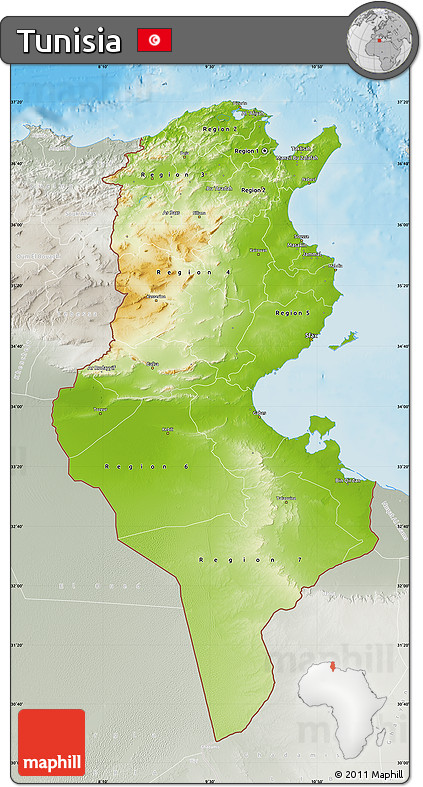 Physical Map of Tunisia, lighten, semi-desaturated, land only