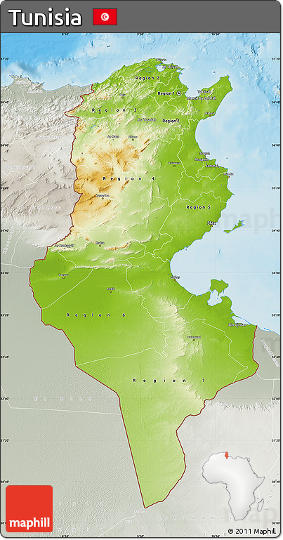 Physical Map of Tunisia, lighten, semi-desaturated, land only
