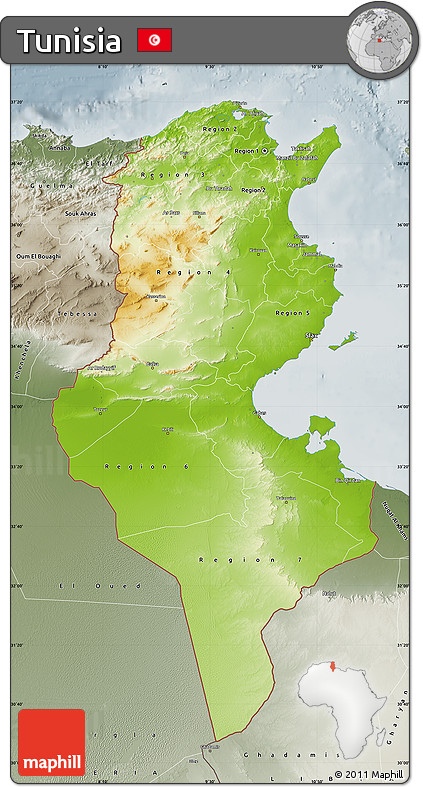 Physical Map of Tunisia, semi-desaturated