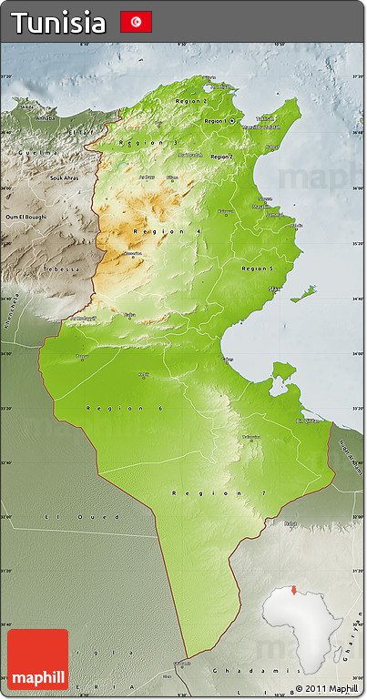 Physical Map of Tunisia, semi-desaturated