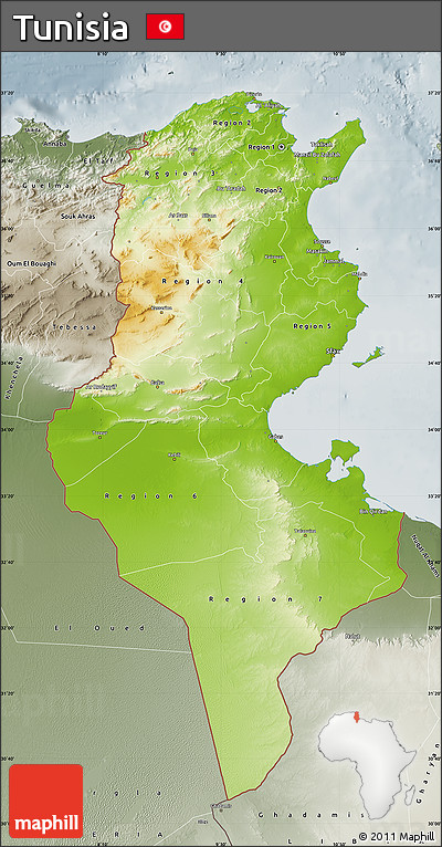 Physical Map of Tunisia, semi-desaturated