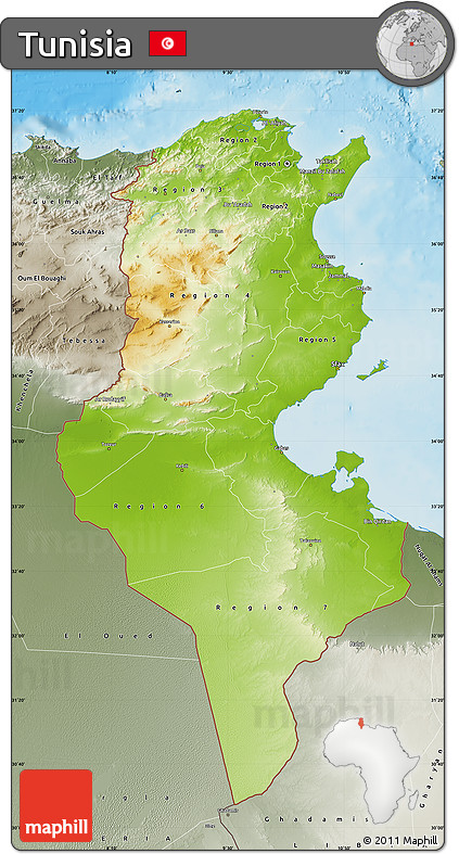 Physical Map of Tunisia, semi-desaturated, land only