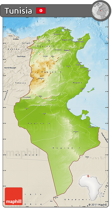 Physical Map of Tunisia, shaded relief outside