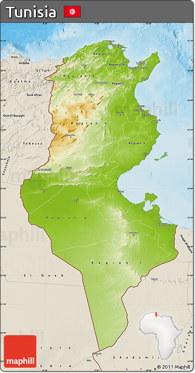 Physical Map of Tunisia, shaded relief outside