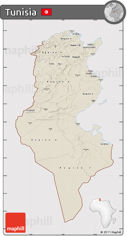 Shaded Relief Map of Tunisia, cropped outside