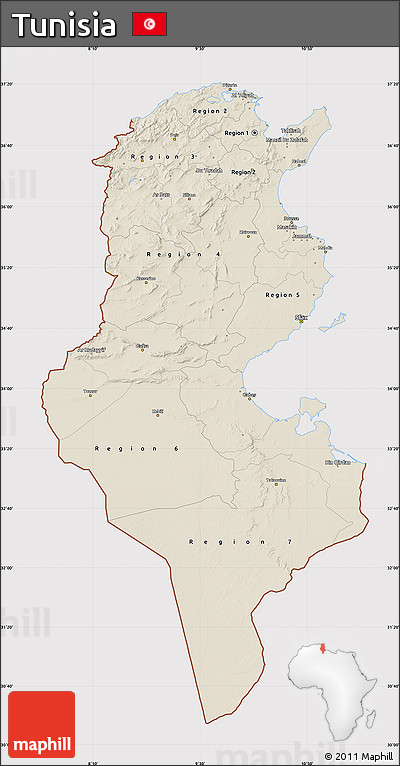 Shaded Relief Map of Tunisia, cropped outside