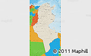Shaded Relief Map of Tunisia, political outside, shaded relief sea
