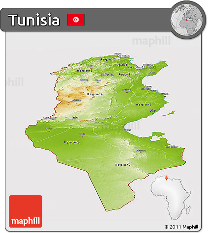 Physical Panoramic Map of Tunisia, cropped outside