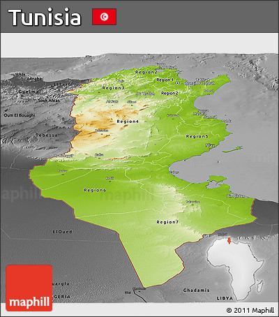 Physical Panoramic Map of Tunisia, darken, desaturated