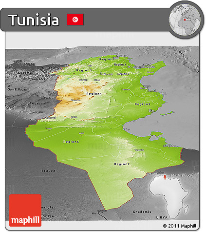 Physical Panoramic Map of Tunisia, darken, desaturated