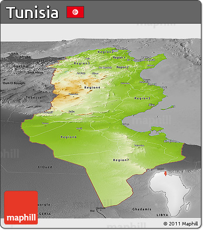 Physical Panoramic Map of Tunisia, darken, desaturated