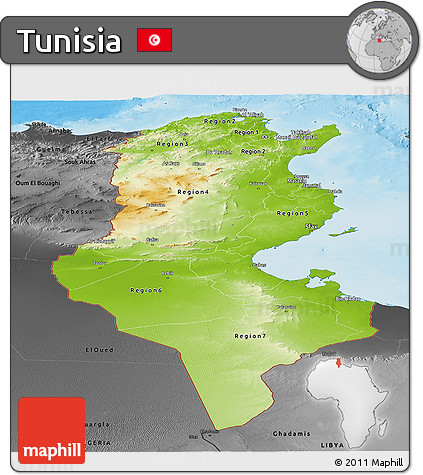 Physical Panoramic Map of Tunisia, darken, desaturated, land only