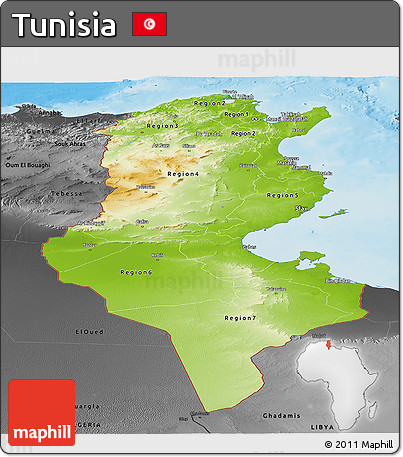 Physical Panoramic Map of Tunisia, darken, desaturated, land only