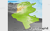 Physical Panoramic Map of Tunisia, darken, desaturated, land only