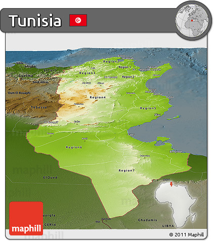 Physical Panoramic Map of Tunisia, darken