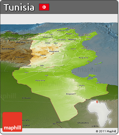 Physical Panoramic Map of Tunisia, darken