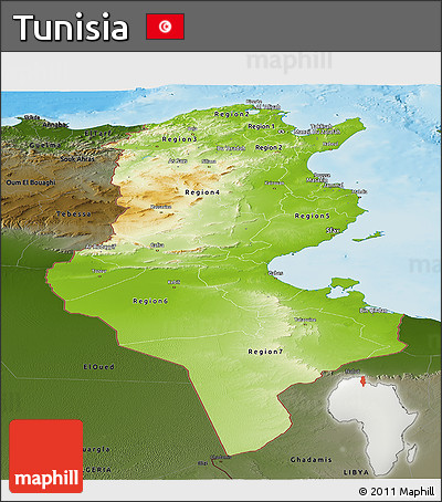 Physical Panoramic Map of Tunisia, darken, land only