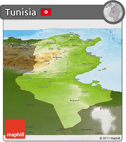 Physical Panoramic Map of Tunisia, darken, land only