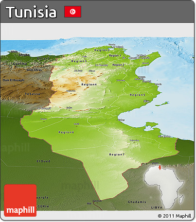 Physical Panoramic Map of Tunisia, darken, land only