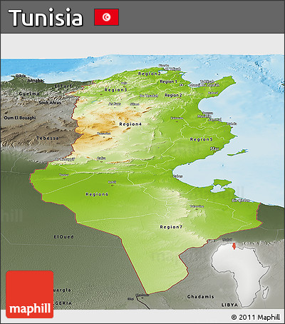 Physical Panoramic Map of Tunisia, darken, semi-desaturated, land only