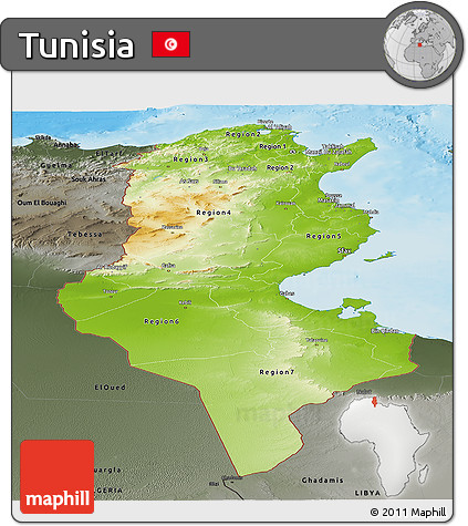 Physical Panoramic Map of Tunisia, darken, semi-desaturated, land only