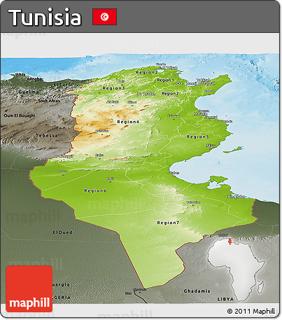 Physical Panoramic Map of Tunisia, darken, semi-desaturated, land only
