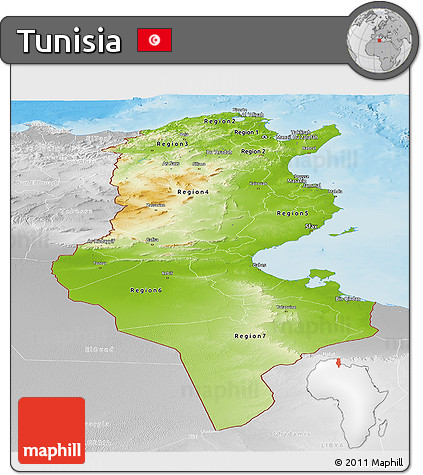 Physical Panoramic Map of Tunisia, lighten, desaturated, land only