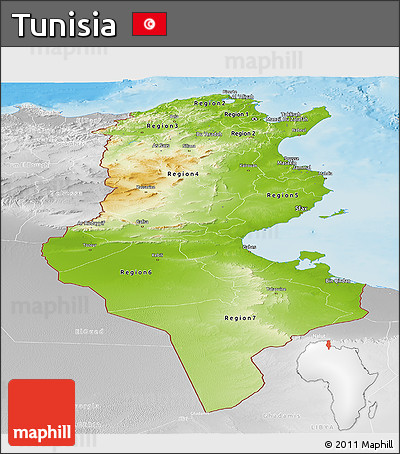 Physical Panoramic Map of Tunisia, lighten, desaturated, land only