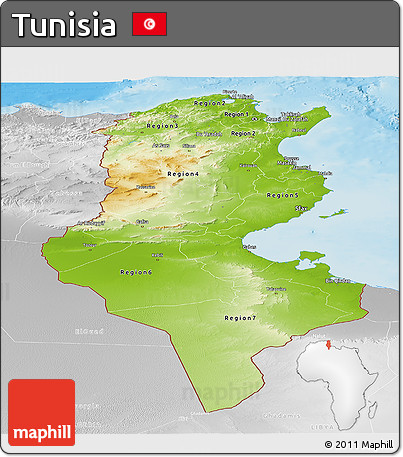 Physical Panoramic Map of Tunisia, lighten, desaturated, land only