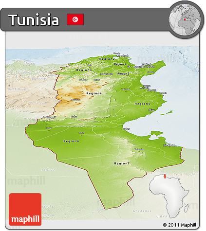 Physical Panoramic Map of Tunisia, lighten