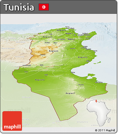 Physical Panoramic Map of Tunisia, lighten