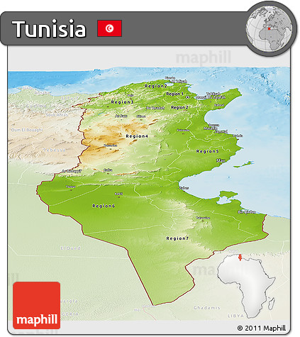 Physical Panoramic Map of Tunisia, lighten, land only