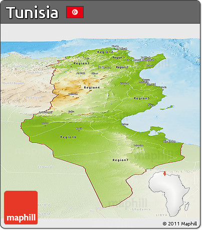 Physical Panoramic Map of Tunisia, lighten, land only
