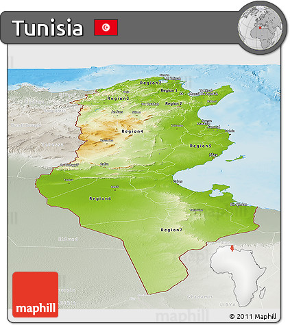 Physical Panoramic Map of Tunisia, lighten, semi-desaturated, land only