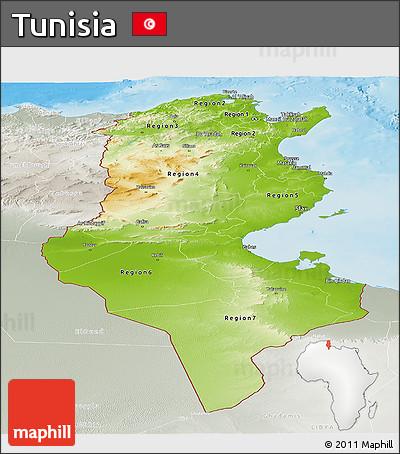 Physical Panoramic Map of Tunisia, lighten, semi-desaturated, land only