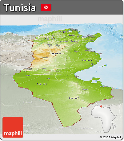 Physical Panoramic Map of Tunisia, lighten, semi-desaturated, land only