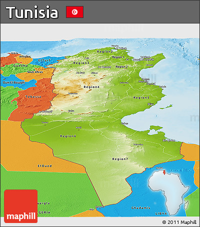 Physical Panoramic Map of Tunisia, political outside, shaded relief sea