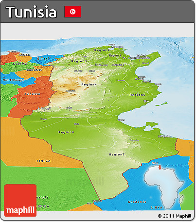 Physical Panoramic Map of Tunisia, political outside, shaded relief sea