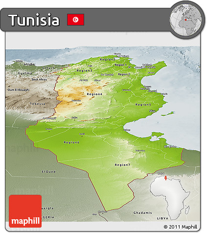 Physical Panoramic Map of Tunisia, semi-desaturated