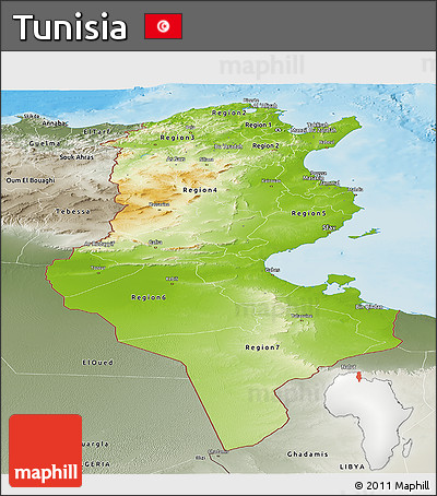 Physical Panoramic Map of Tunisia, semi-desaturated, land only