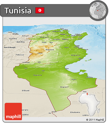 Physical Panoramic Map of Tunisia, shaded relief outside