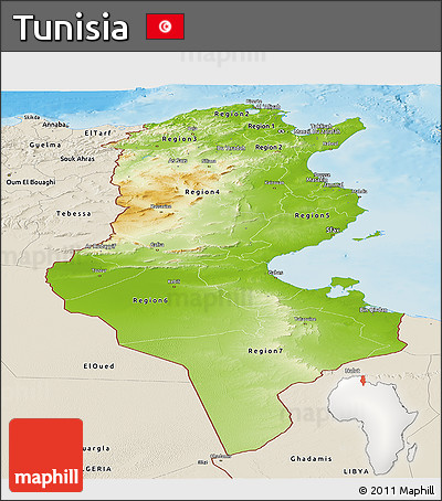Physical Panoramic Map of Tunisia, shaded relief outside