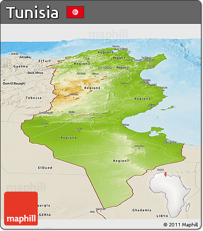 Physical Panoramic Map of Tunisia, shaded relief outside