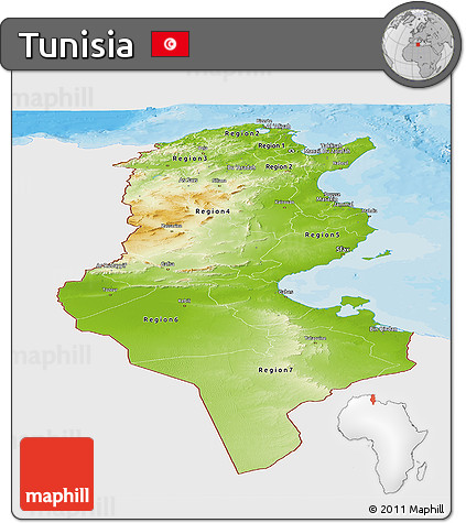 Physical Panoramic Map of Tunisia, single color outside, bathymetry sea, shaded relief sea