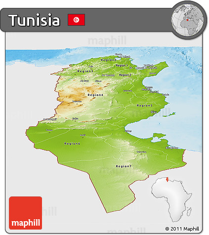 Physical Panoramic Map of Tunisia, single color outside