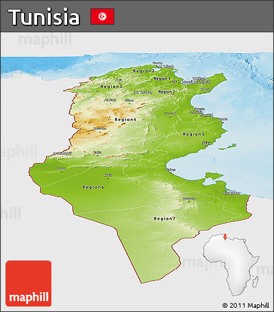 Physical Panoramic Map of Tunisia, single color outside