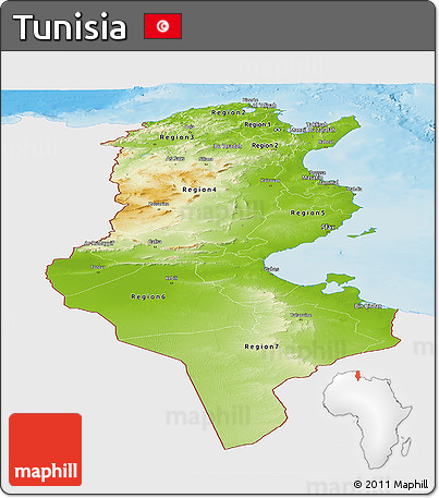 Physical Panoramic Map of Tunisia, single color outside